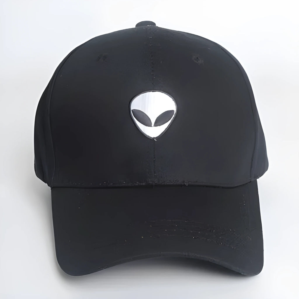 Alien head embroidered baseball cap in black with green label, unisex cotton satin weave