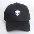 Alien head embroidered baseball cap in black with green label, unisex cotton satin weave