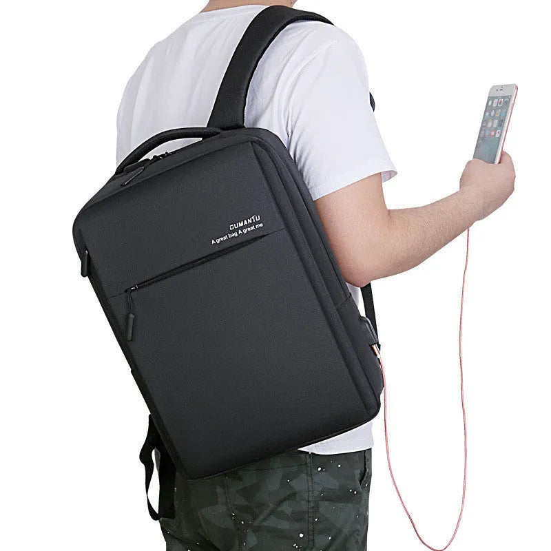 Medium business backpack in black or grey cotton cloth with 20-35L capacity, zipper opening, and multiple internal pockets.