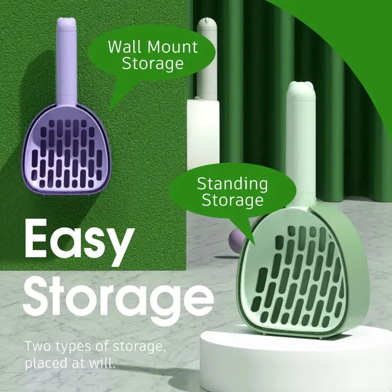 White ABS plastic cat litter scoop with a stand-up base and hidden bag storage compartment.
