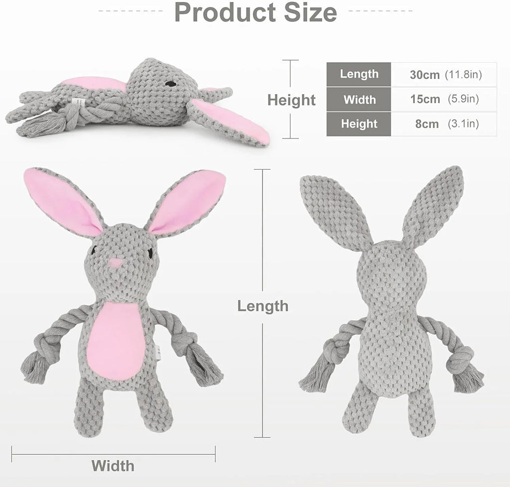 Plush animal dog toy with cotton rope, shown in elephant, fox, monkey, pig, and rabbit designs.