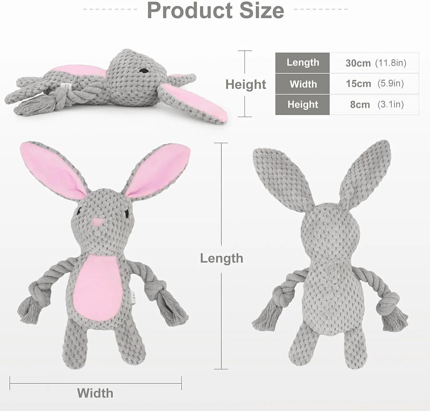 Plush animal dog toy with cotton rope, shown in elephant, fox, monkey, pig, and rabbit designs.