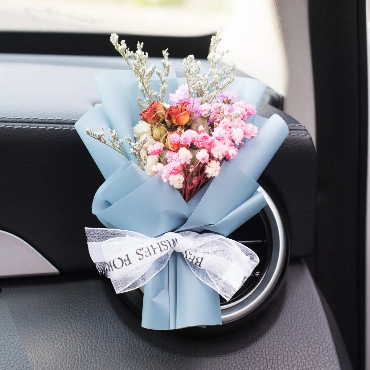 Handmade dried flower car vent perfume with scented inserts in various colours