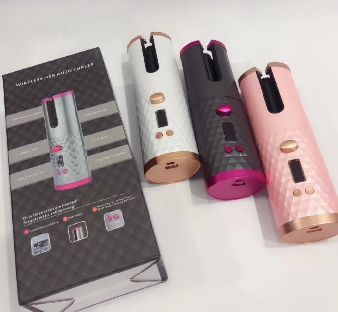 White automatic curling iron with USB charging port and ceramic barrel