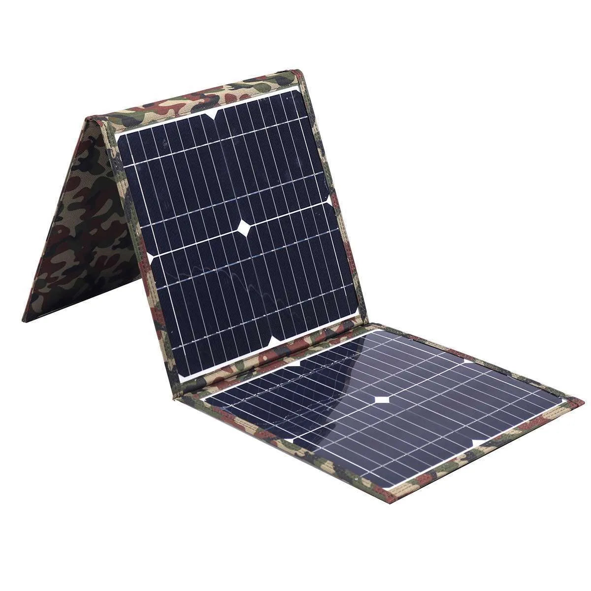 Black foldable 36W solar panel unfolded showing three monocrystalline silicon cells with charging accessories