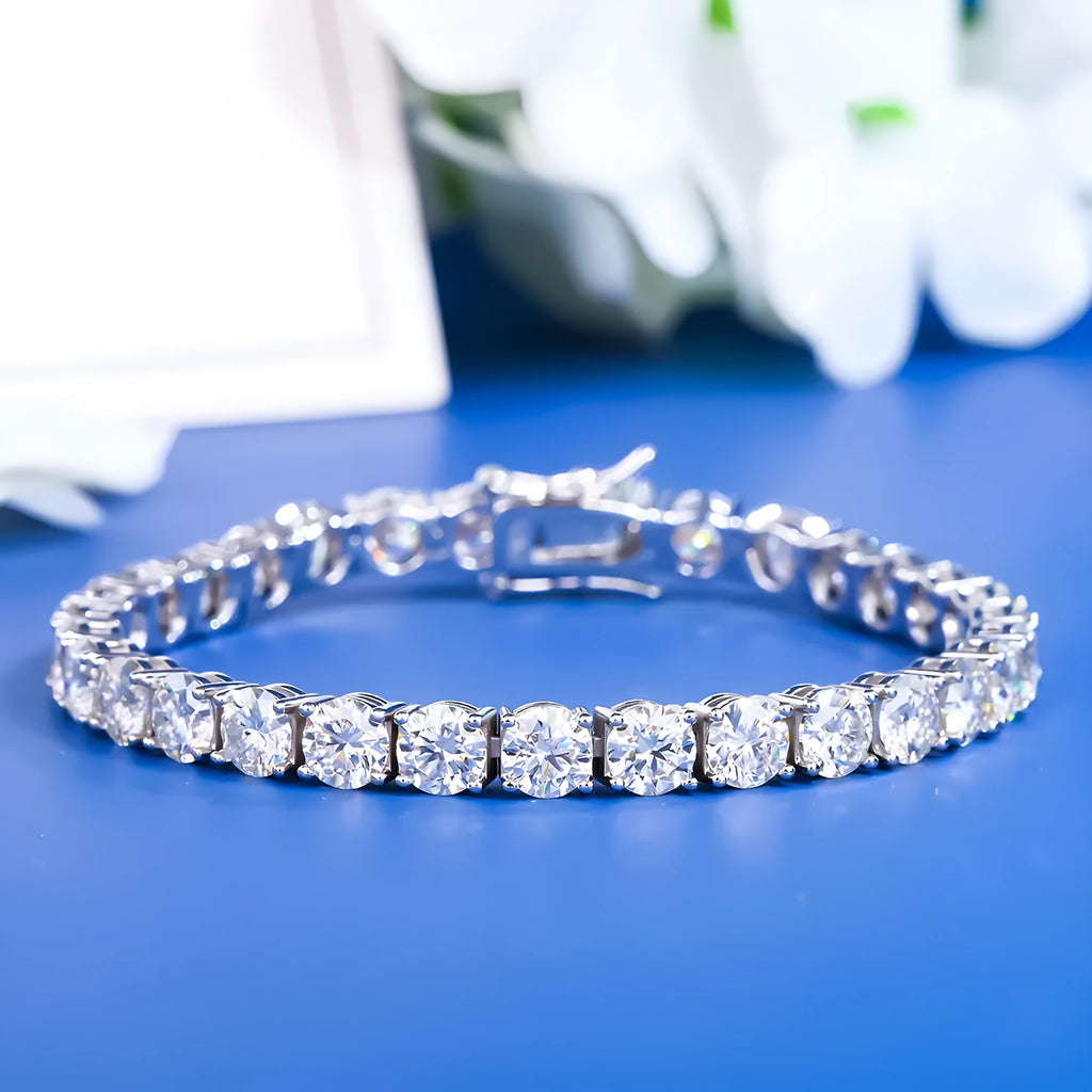 Full set moissanite S925 silver bracelet with square and hexagonal star motifs in platinum finish on a white background