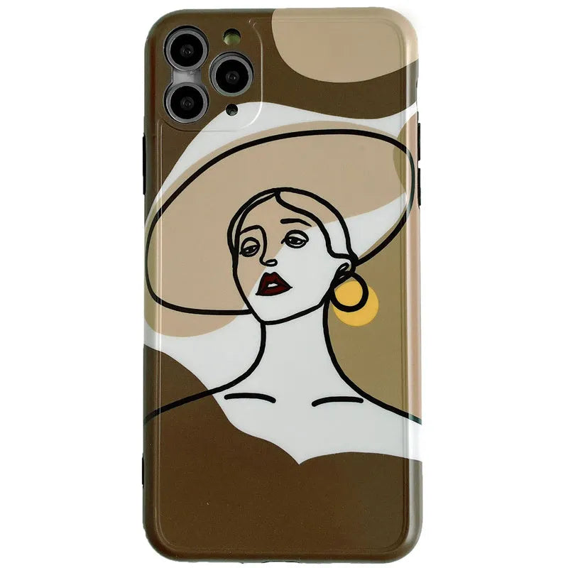 Orange yellow soft gel iPhone case with hand-drawn line art cartoon design.