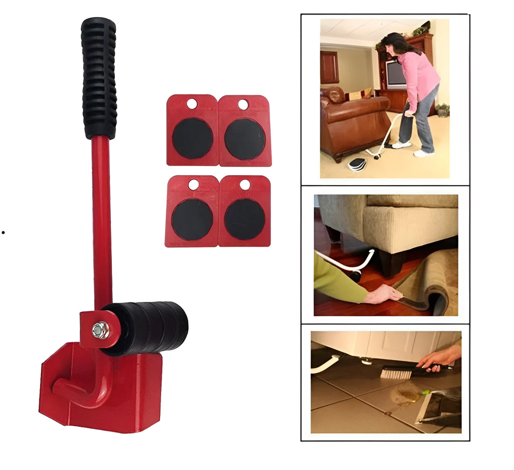 Furniture moving lifter tool set with red pry bar and four square pulleys, 10 x 8 cm, 150 kg capacity