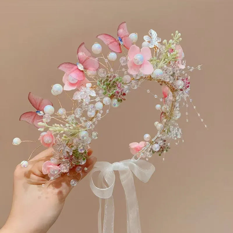 Children's Mori style flower garland headband with lace, shown in blue or pink Super Fairy hair garland design
