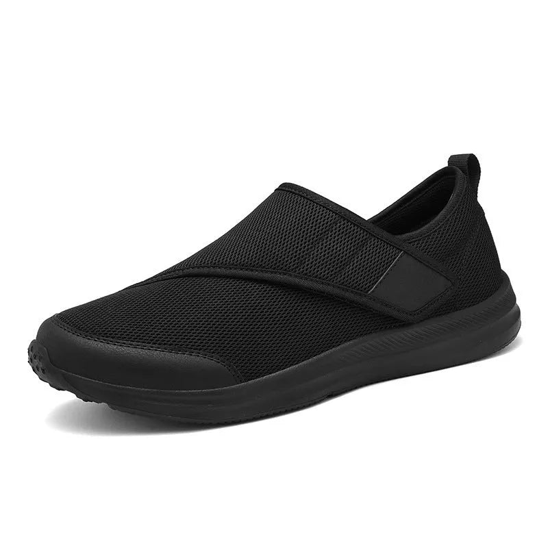 Summer walking shoes with mesh upper and Velcro closure in black, grey, blue, or wine red.