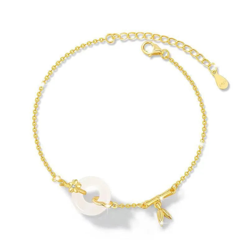 Silver gold electroplated women's bracelet with white chalcedony gemstone and starry sky design elements