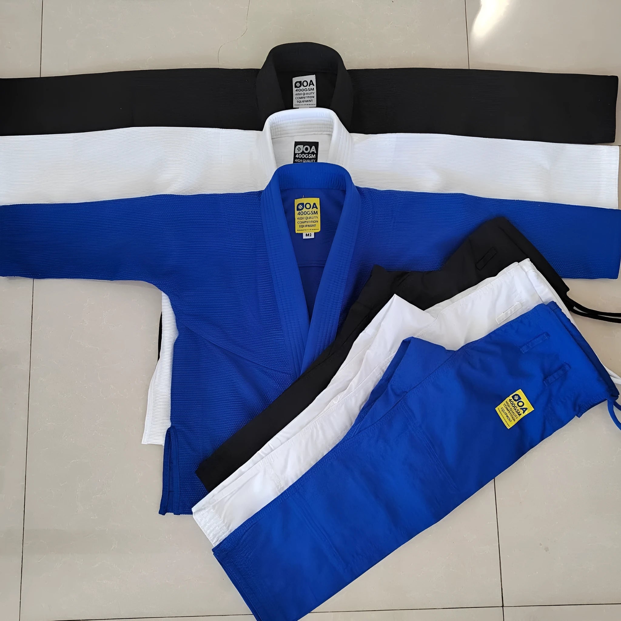 380g cotton blend judo gi suit in white, available in sizes A0 to A5 and M0 to M5