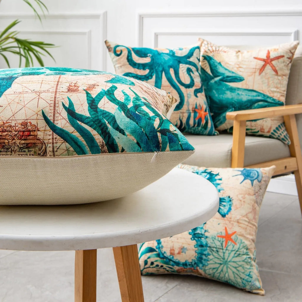 Square linen cushion cover with a colourful high-definition sea turtle print, showing the invisible zipper.