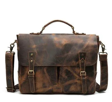 Leather 15 inch mens briefcase satchel in light brown with soft handle and messenger strap