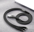 Three-in-one charging cable with nylon braid, aluminium ends, and Android Type-C Apple connectors in red black blue