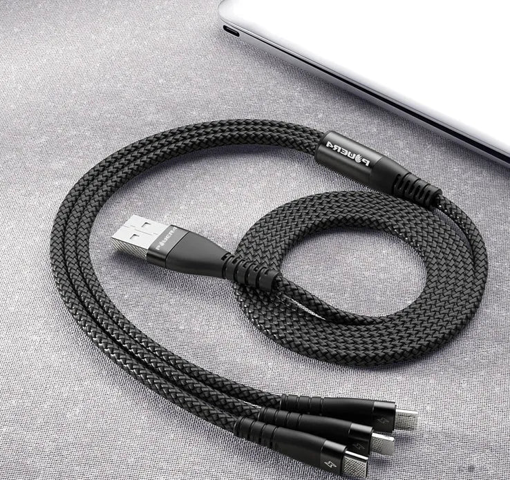 Three-in-one charging cable with nylon braid, aluminium ends, and Android Type-C Apple connectors in red black blue