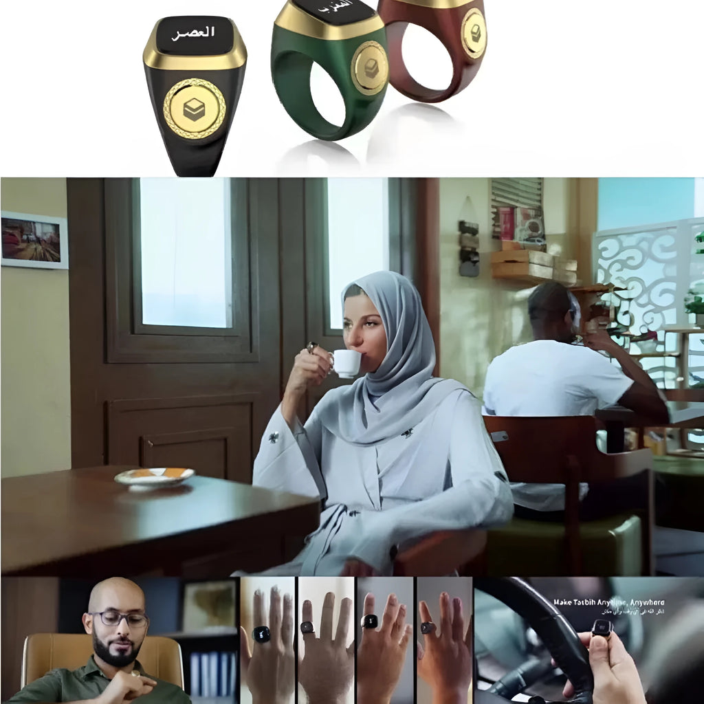 Zikr1 metal smart ring showing OLED display and button, in colours black, green, rose gold, and silver.