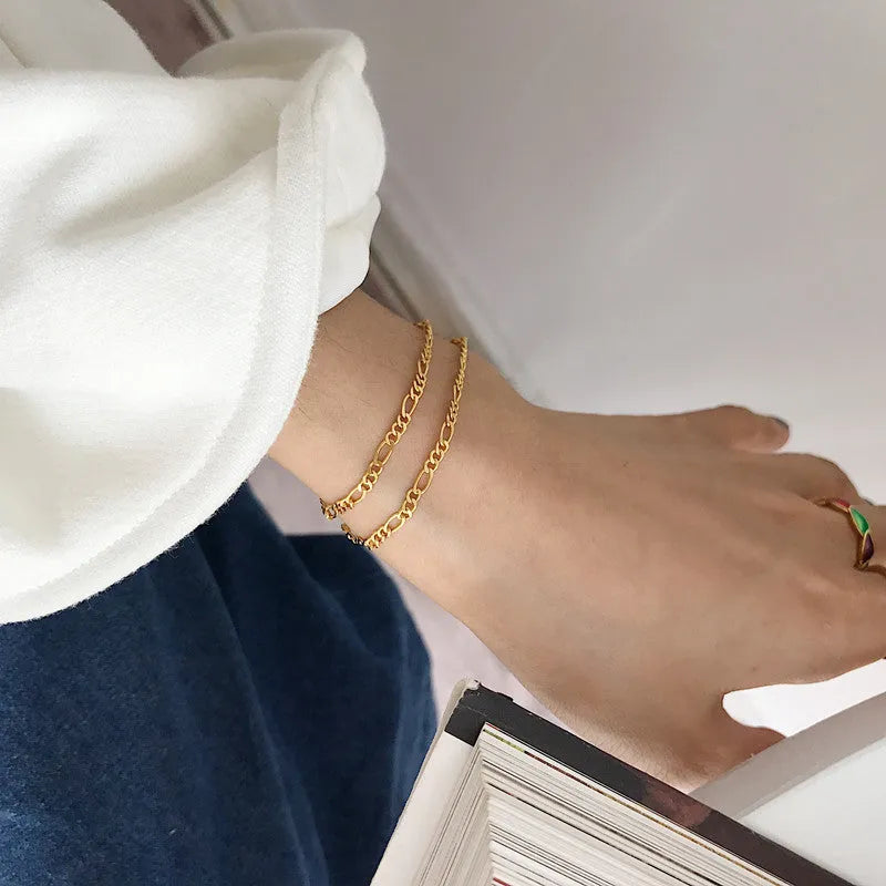 Gold electroplated 925 silver chain bracelet for women with geometric shape, ins style hand jewellery