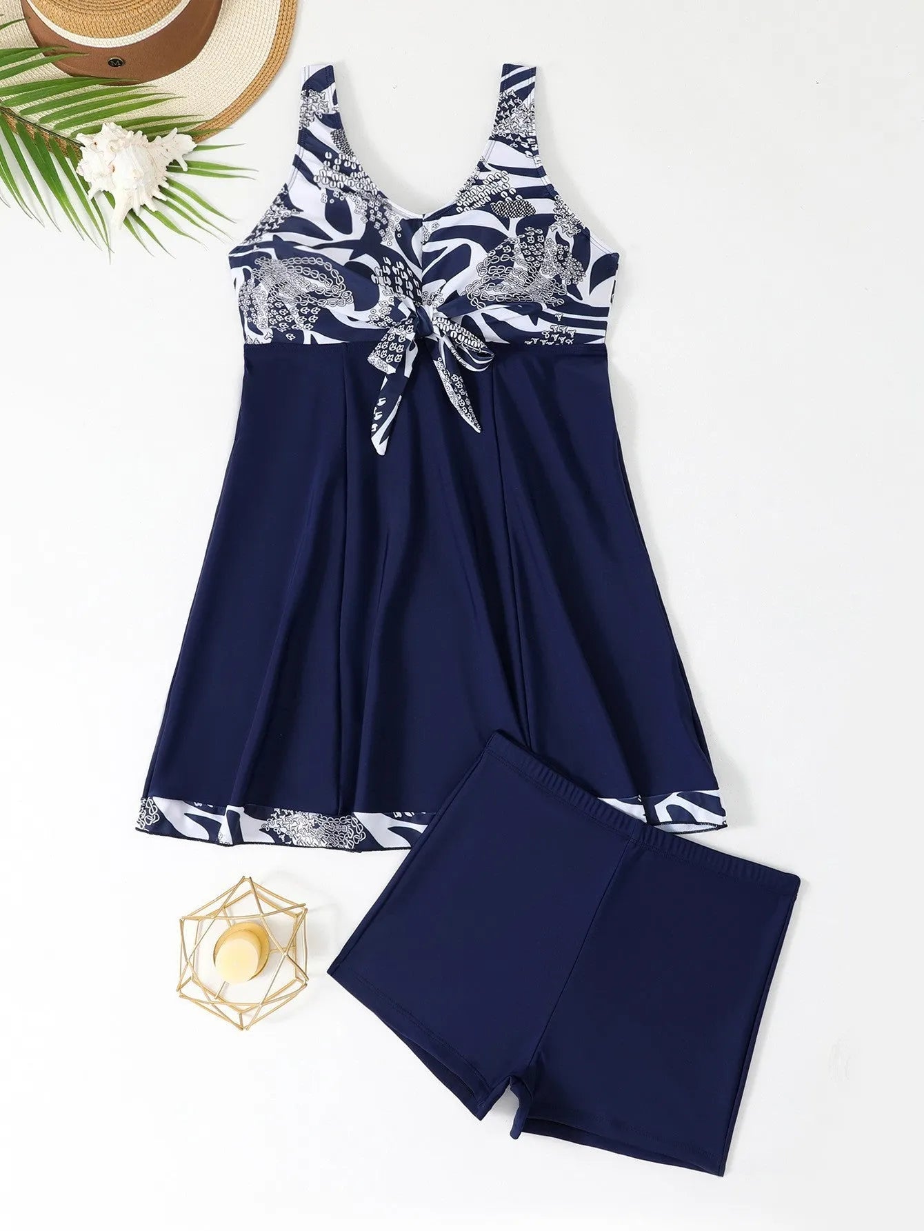 Female skirt style split boxers conservative tankini swimsuit in black with high waist design