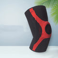 Red and grey silicone sports knee pads with knitted fabric and non-slip grip for running and climbing