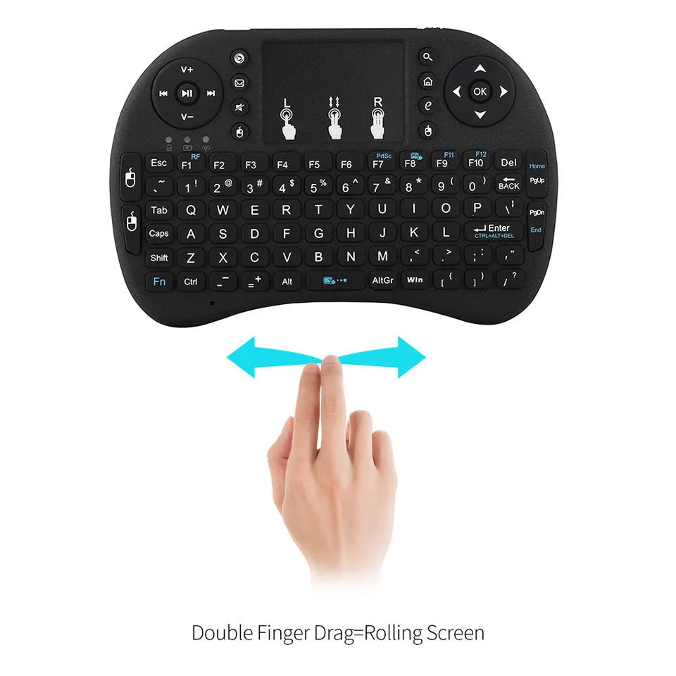 2.4G wireless mini air keyboard with touchpad, QWERTY layout, in black