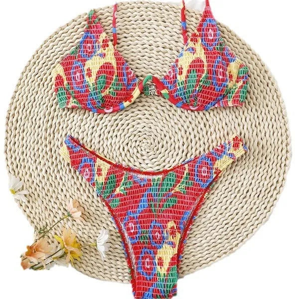 Red floral print women's underwire bikini top and briefs on a mannequin.