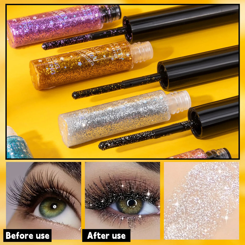 Waterproof colour mascara in five shades including pink, gold, purple, blue, and iron grey with non-smudge formula