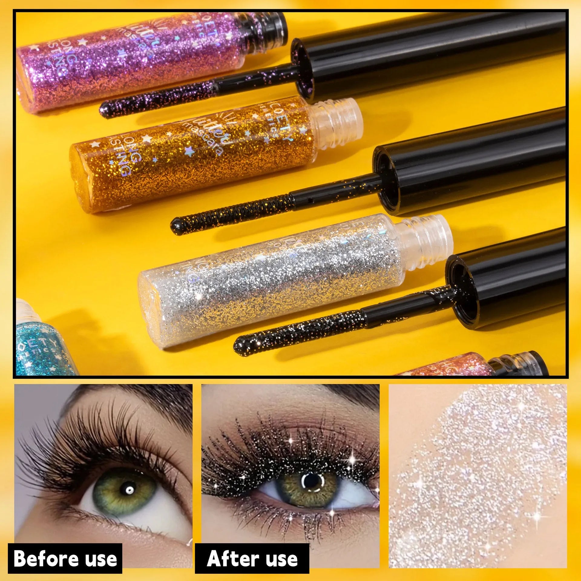 Waterproof colour mascara in five shades including pink, gold, purple, blue, and iron grey with non-smudge formula