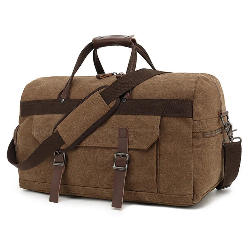 Men's canvas crossbody travel bag in black, brown or grey with 36-55 litre capacity