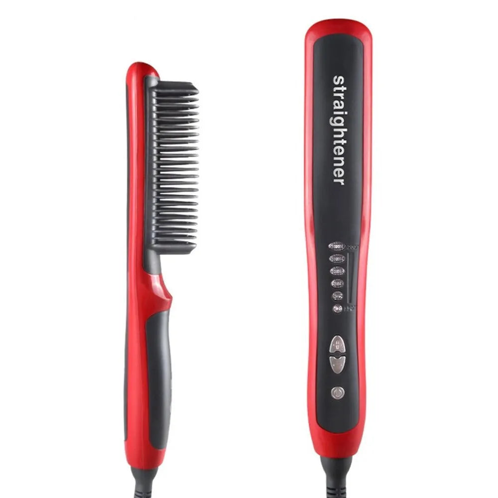Black and red ceramic hair straightening brush with heated teeth and LED display on white background