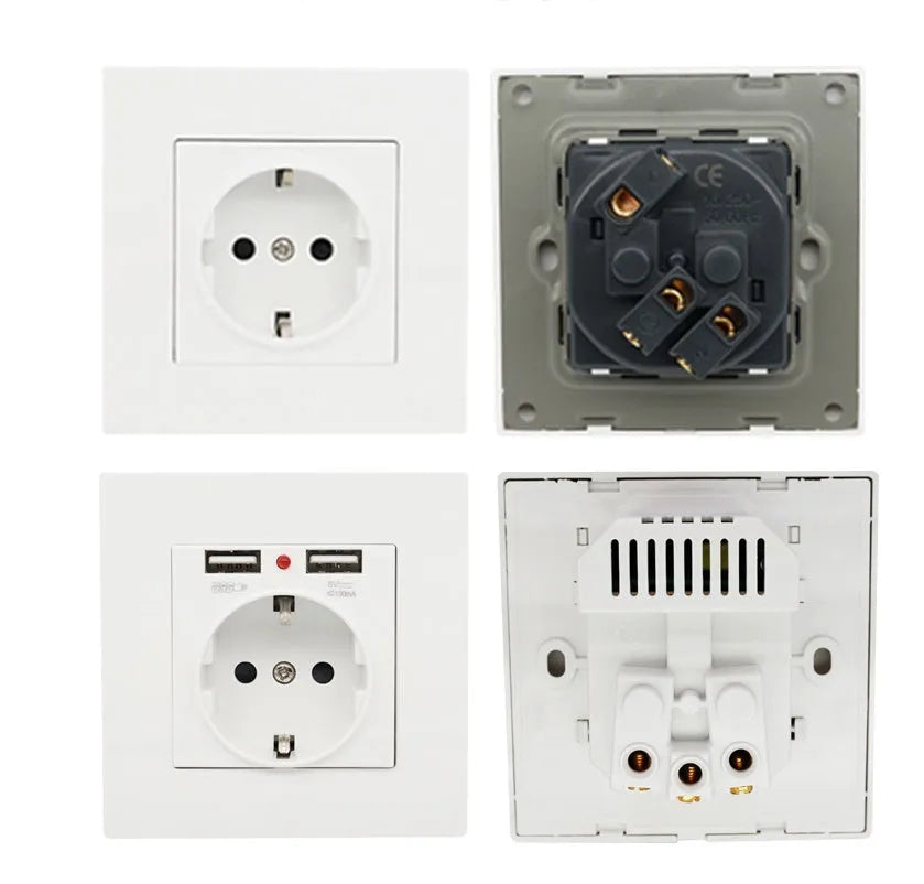 16A 25V white PC wall socket with black safety shutter and screw fixings on white background