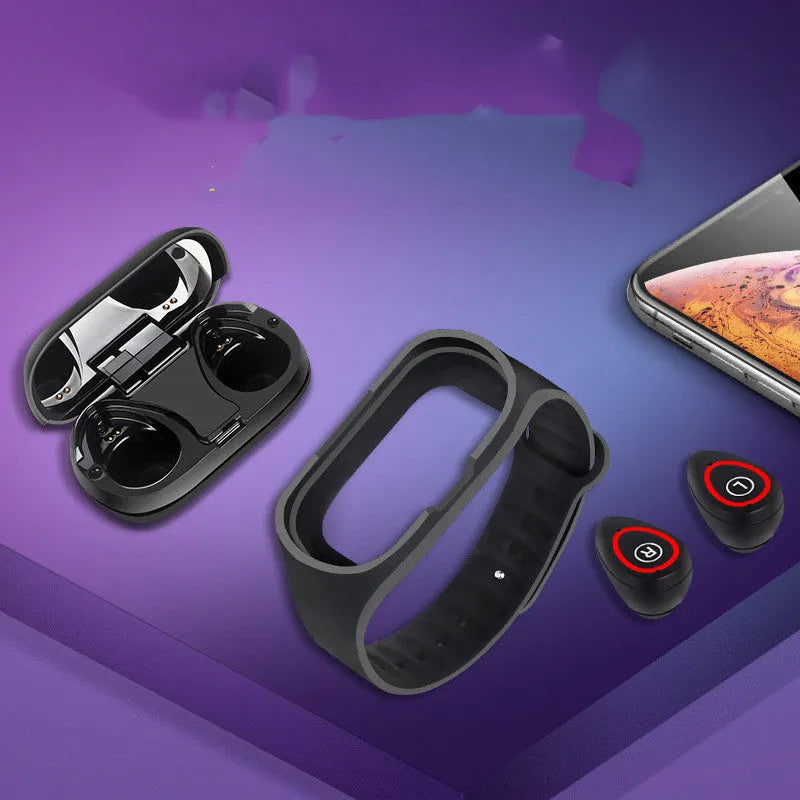 Smart bracelet with integrated wireless earphones on a silicone strap, showing a 1-inch screen.