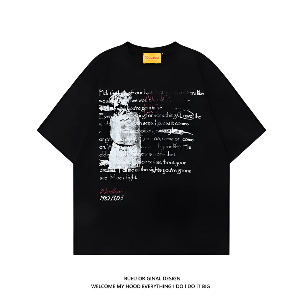 Men's black hip hop style loose fit t-shirt with printed letter design on pure cotton fabric