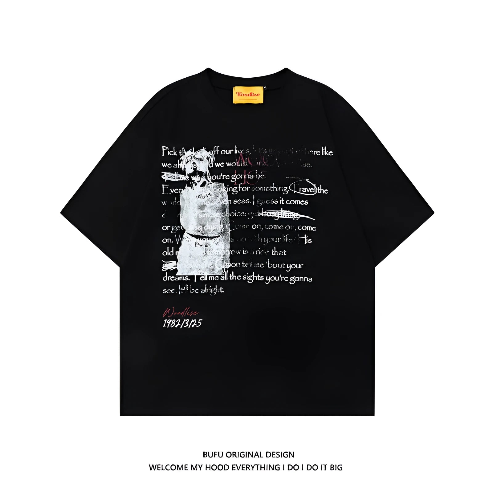 Men's black hip hop style loose fit t-shirt with printed letter design on pure cotton fabric