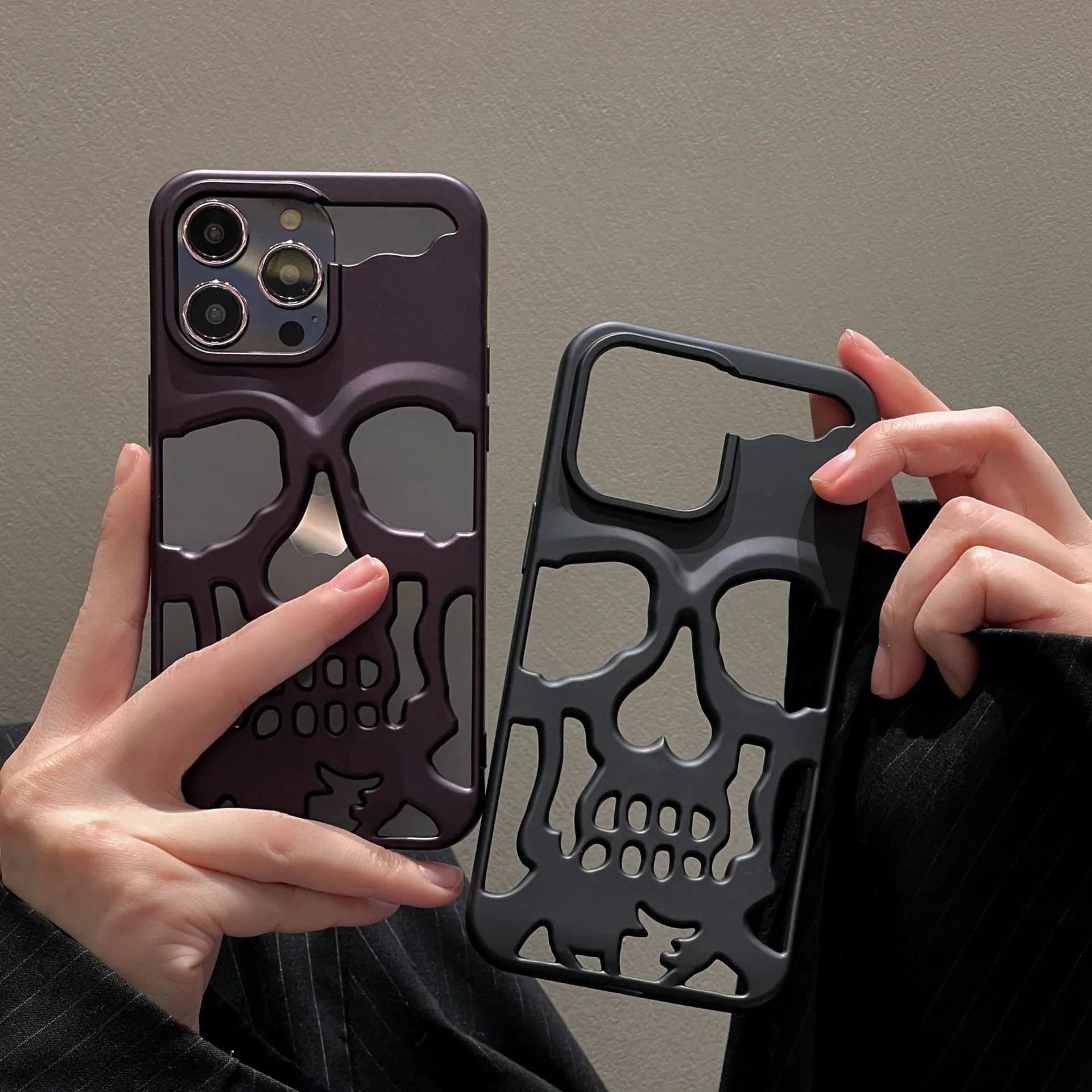 Frosted skull TPU phone case in matte black with hollow protective cover for iPhone
