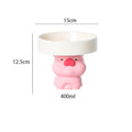 Raised ceramic cat bowl in animal design, showing 4.92-inch height and wide 15cm bowl.