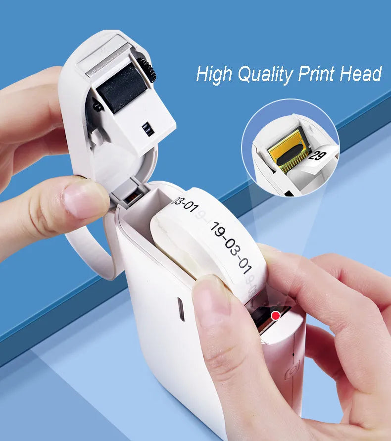 Handheld Bluetooth thermal label printer with label roll inserted, compact 130x75x28mm size