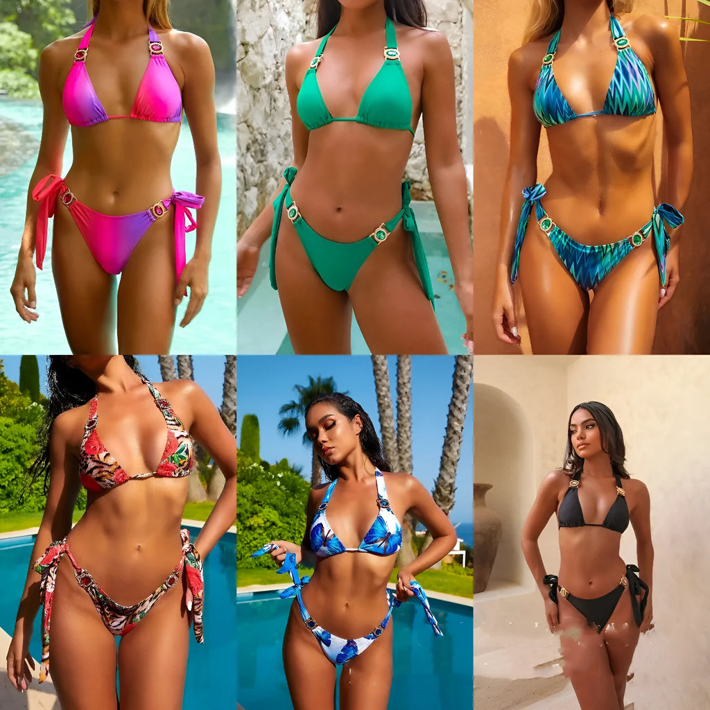 Women's dark green lace-up halter swimsuit brief with cotton lining.