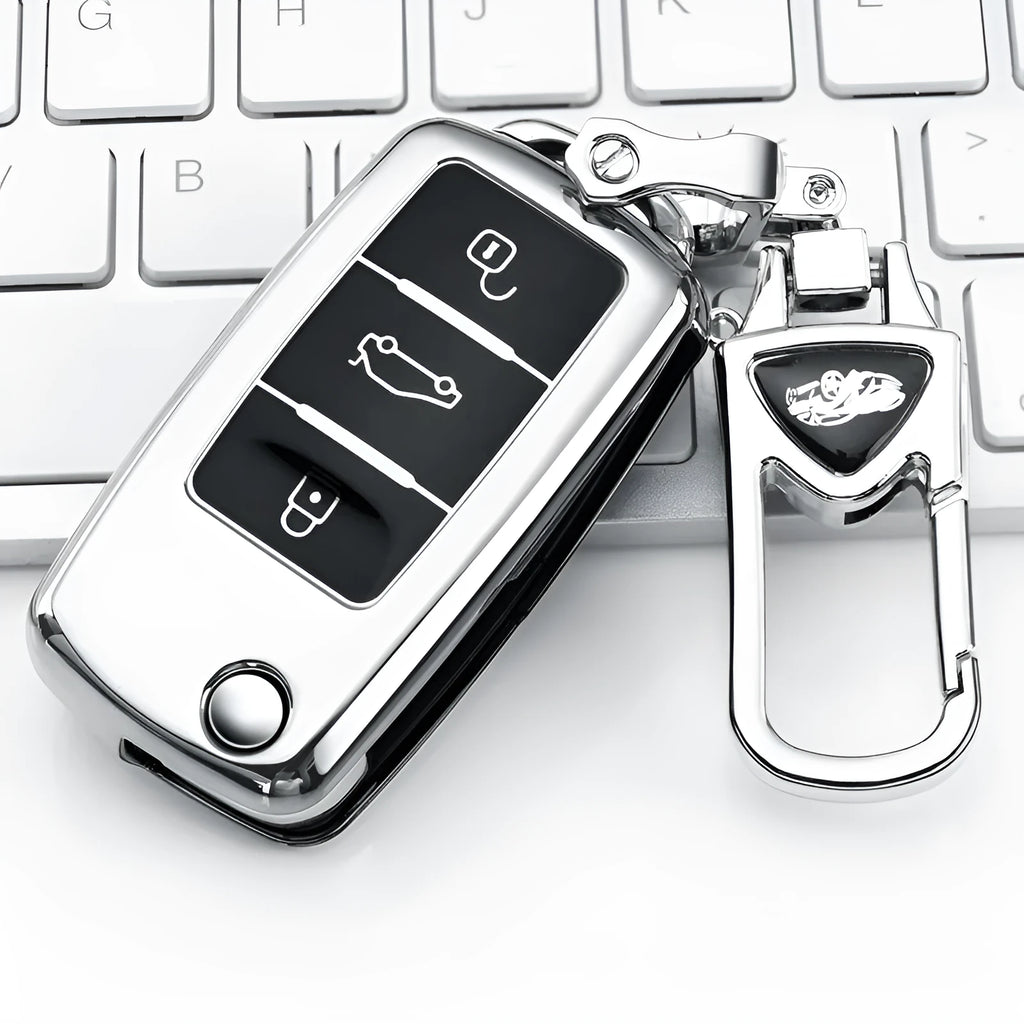 VW Model A car key case in blue, pink, red, and silver colours, showing TPU protective shell for three keys.