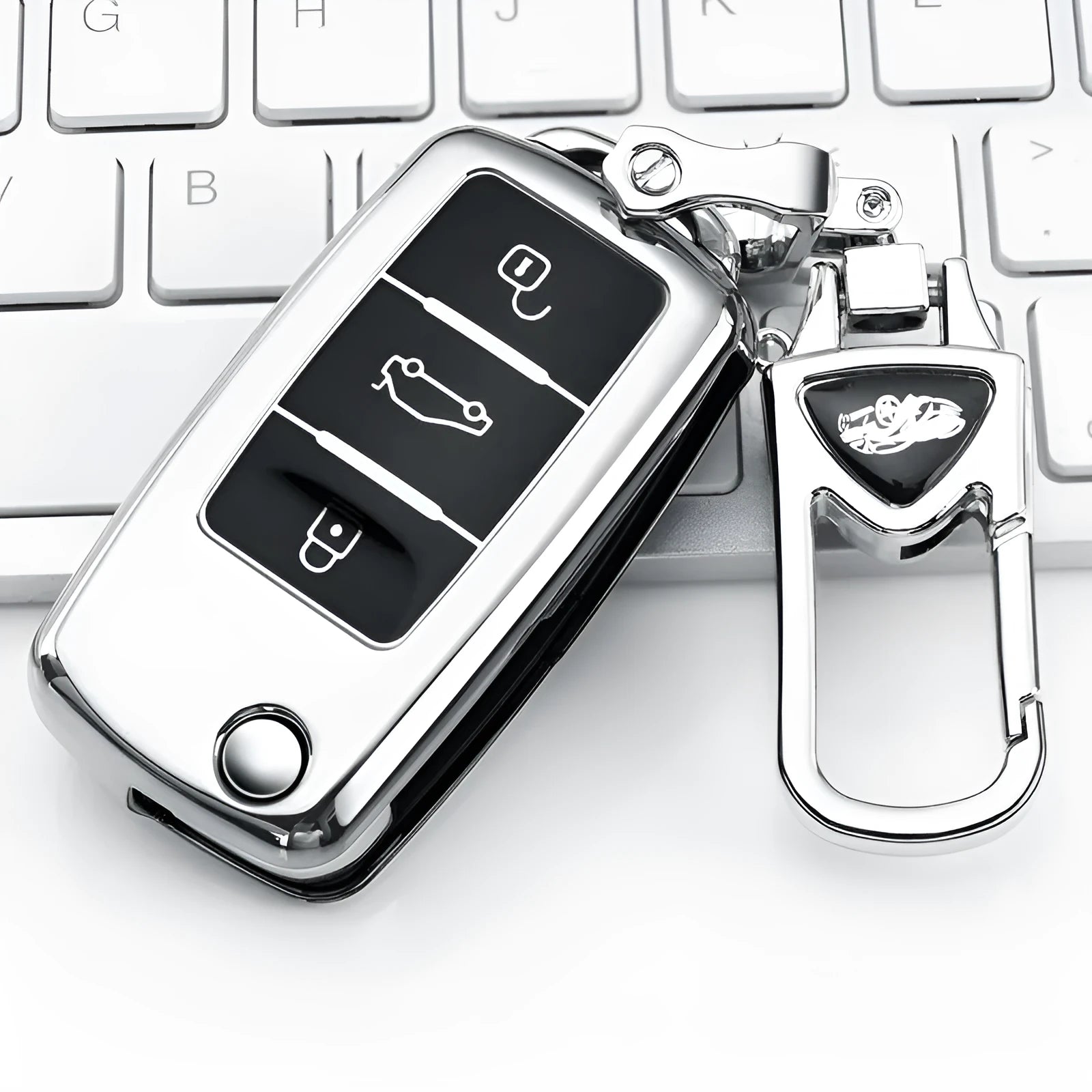 VW Model A car key case in blue, pink, red, and silver colours, showing TPU protective shell for three keys.