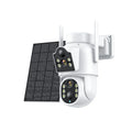 Outdoor solar-powered wireless Wi-Fi surveillance camera with solar panel on a wall.