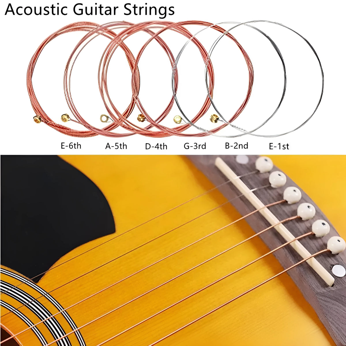Guitar strings in red copper, brass, and colour, plus white nylon ukulele string, shown as a 3pcs set with 0.2mm to 1.2mm sizes