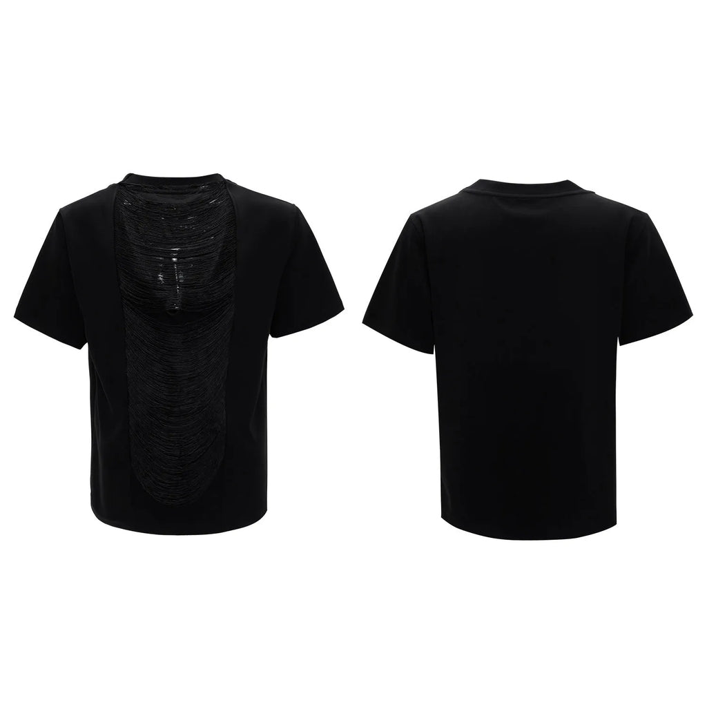 Black men's loose V-neck short sleeve t-shirt with tassel detail on solid polyester fabric.