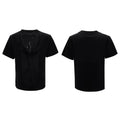 Black men's loose V-neck short sleeve t-shirt with tassel detail on solid polyester fabric.