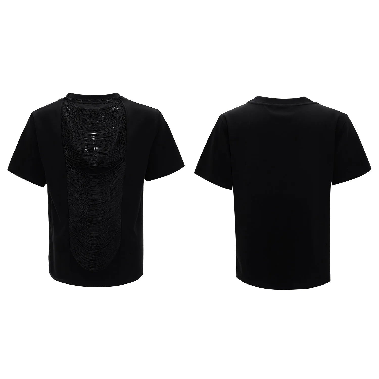 Black men's loose V-neck short sleeve t-shirt with tassel detail on solid polyester fabric.