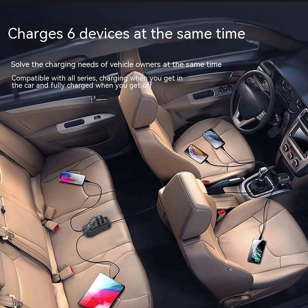 Automatic retractable car charger with fast-charging plug inserted into a vehicle cigarette lighter socket.