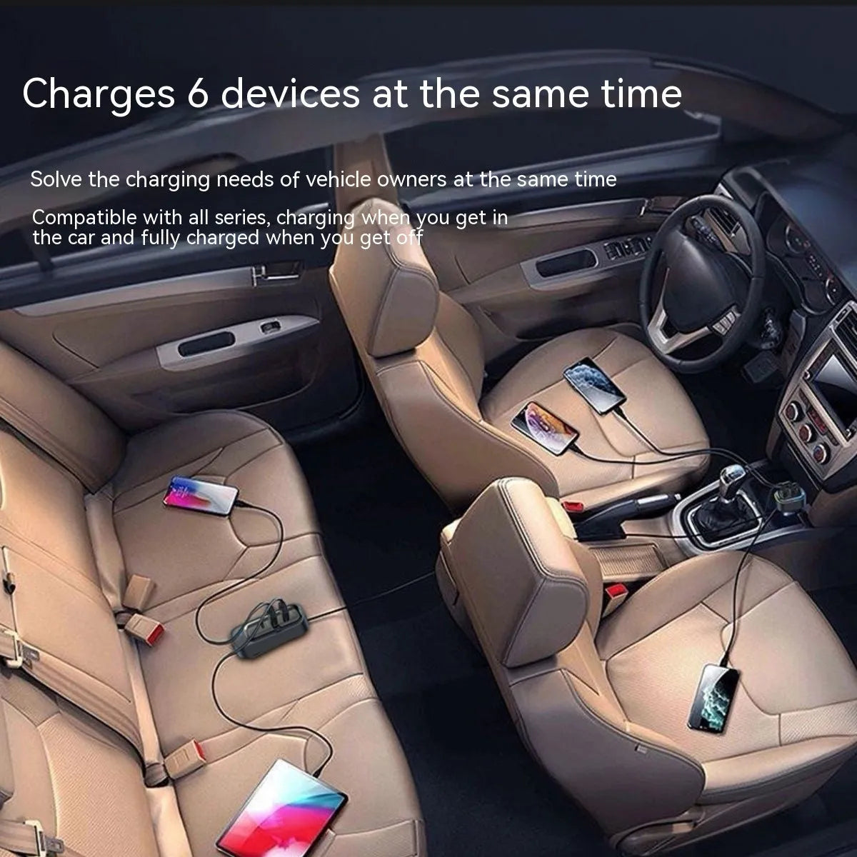 Automatic retractable car charger with fast-charging plug inserted into a vehicle cigarette lighter socket.