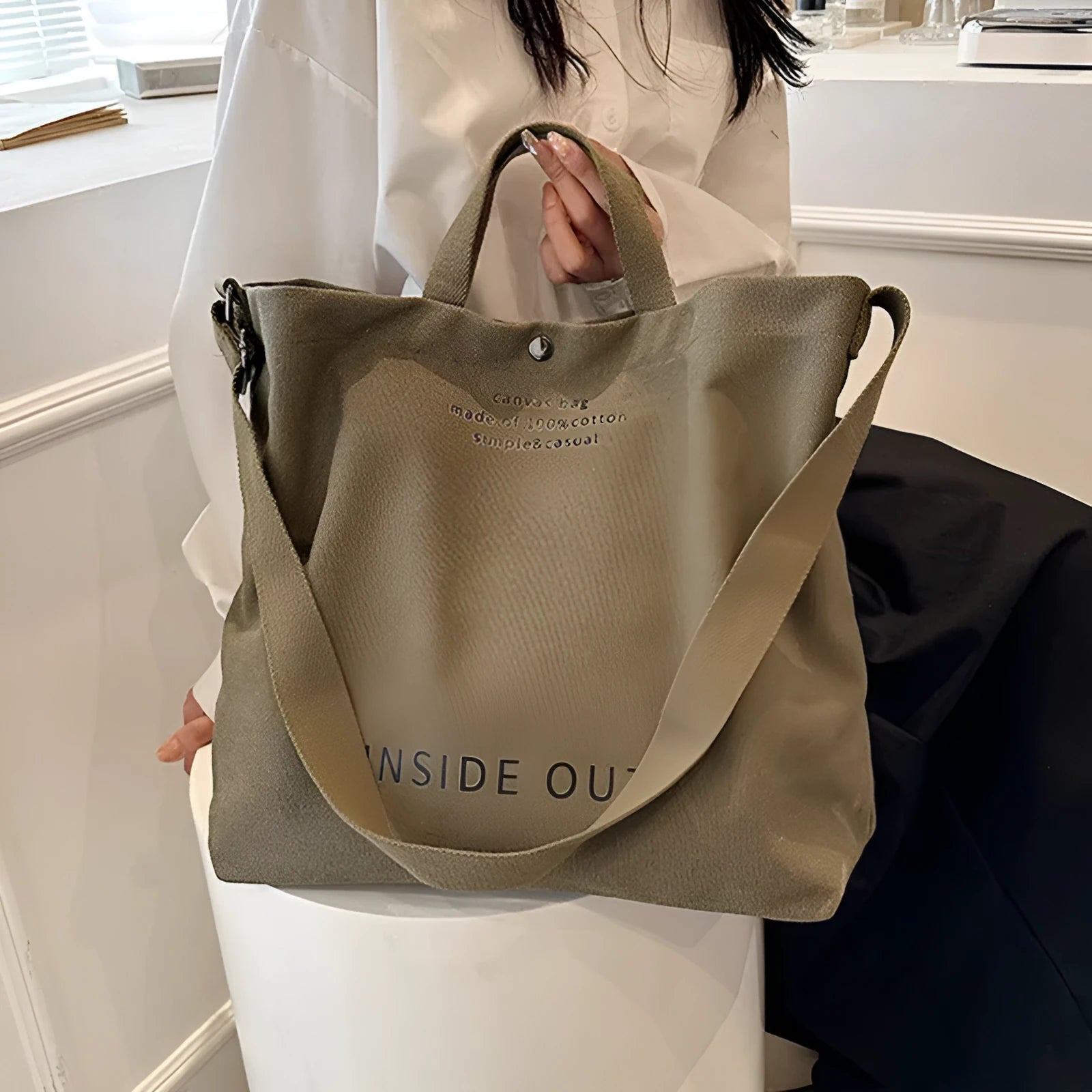 Large-capacity canvas tote bag with alphabet print and adjustable strap in coffee colour