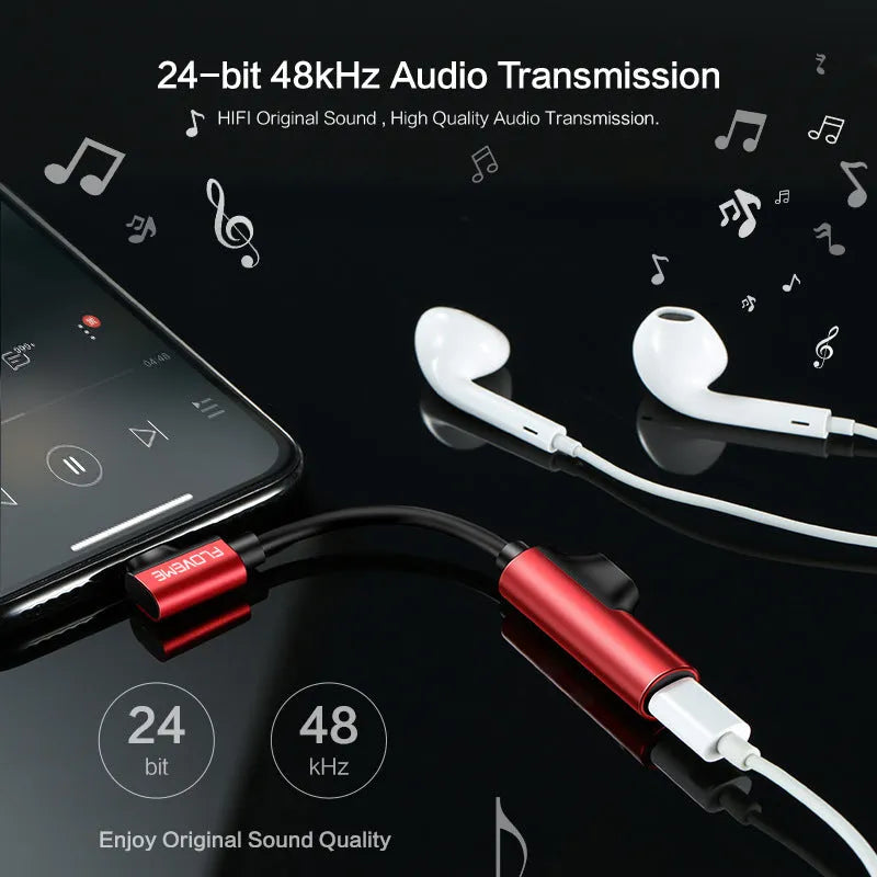Lighting audio charging splitter adapter black anodised aluminium alloy 5V1A with earphone and charging cable connected