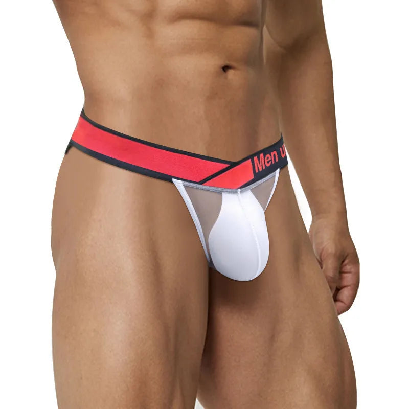 Men's black ice silk briefs showing large V gradient design and low waist.